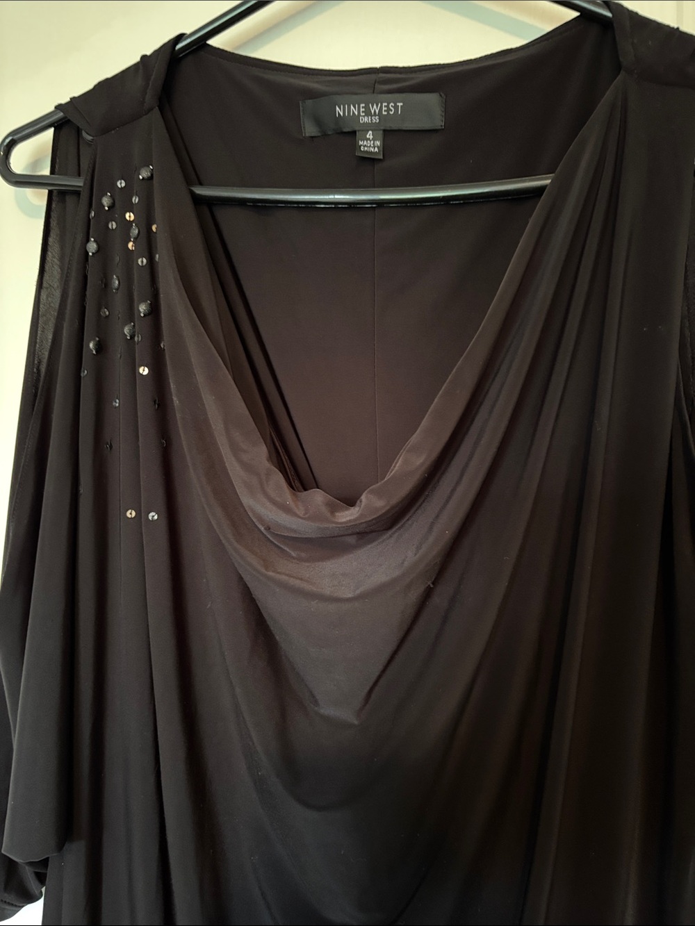 Nine West Black One-Shoulder Draped Evening Dress with Sequin Detail - Picture 4 of 5
